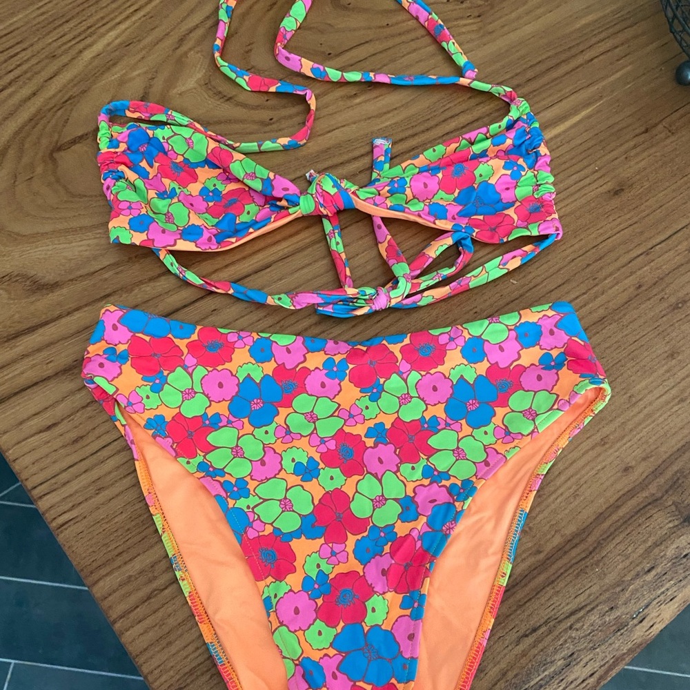 Frankie's Bikinis Neon Floral High-Waist Bikini Set - Pink, Blue, Green, Orange